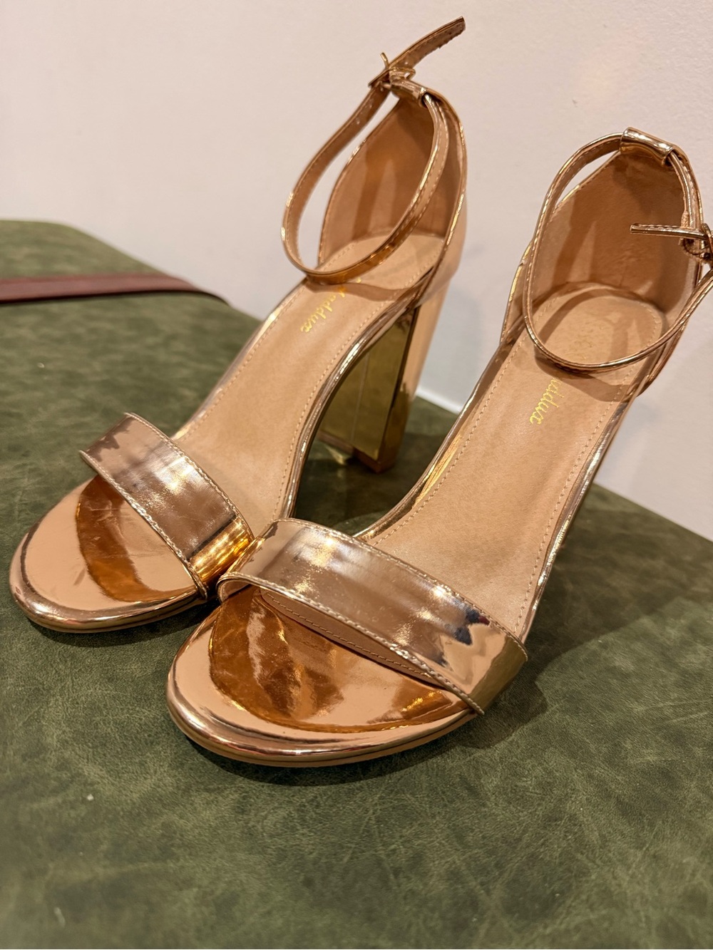 Women's Metallic Rose Gold Block Heel Ankle-Strap Sandals